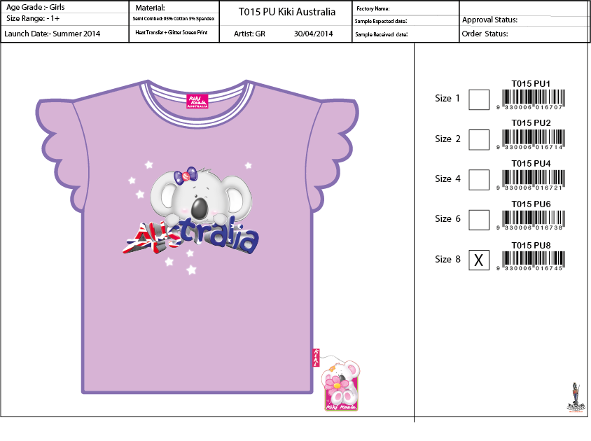T015 PU Lilac Kiki Australia Tee Shirt Sell Sheet A4